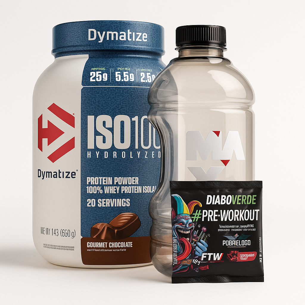 COMBO: Proteina ISO100 Dymatize 650g + Bidónsito/Shaker + Pre-Workout "DIABO VERDE"
