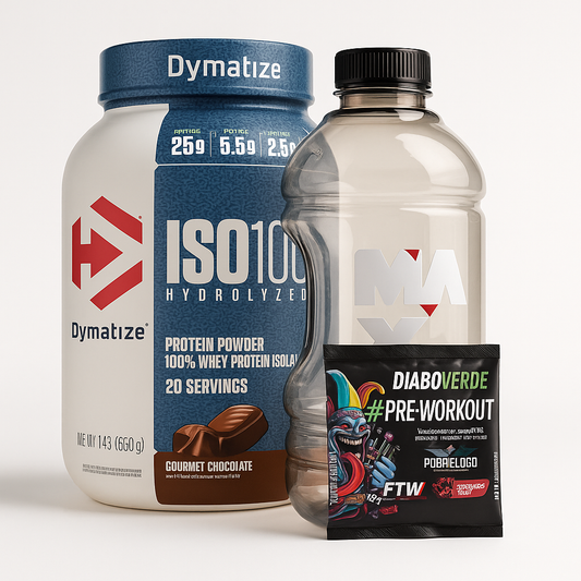COMBO: Proteina ISO100 Dymatize 650g + Bidónsito/Shaker + Pre-Workout "DIABO VERDE"